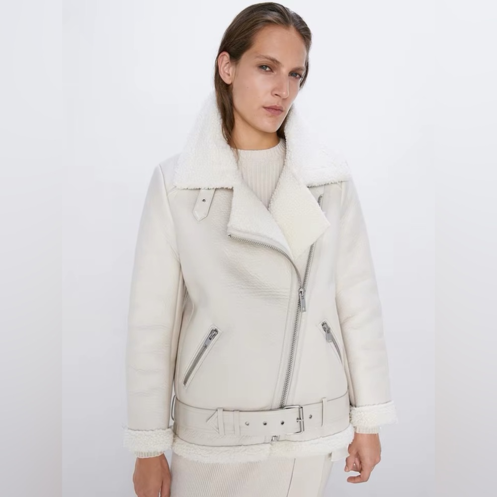 Zara Cream Teddy Leather Jacket